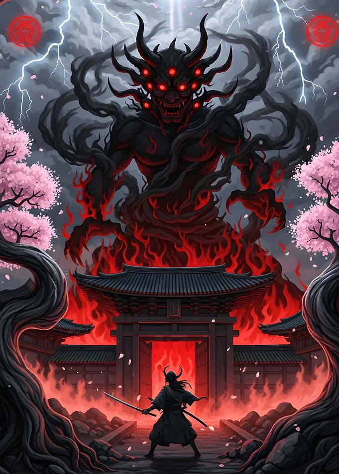Samurai vs. Demon in Japanese Setting