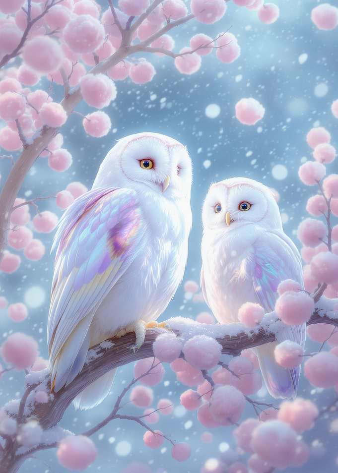 Two White Owls on Cherry Blossom Branch