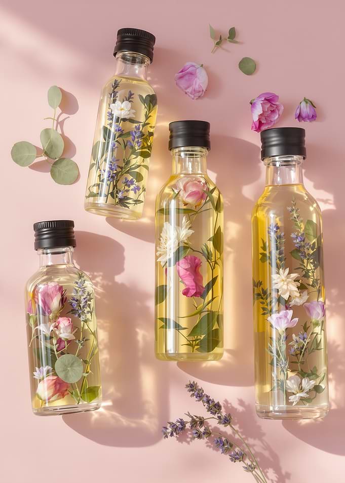 Floral Infusion Bottles on Pink Background