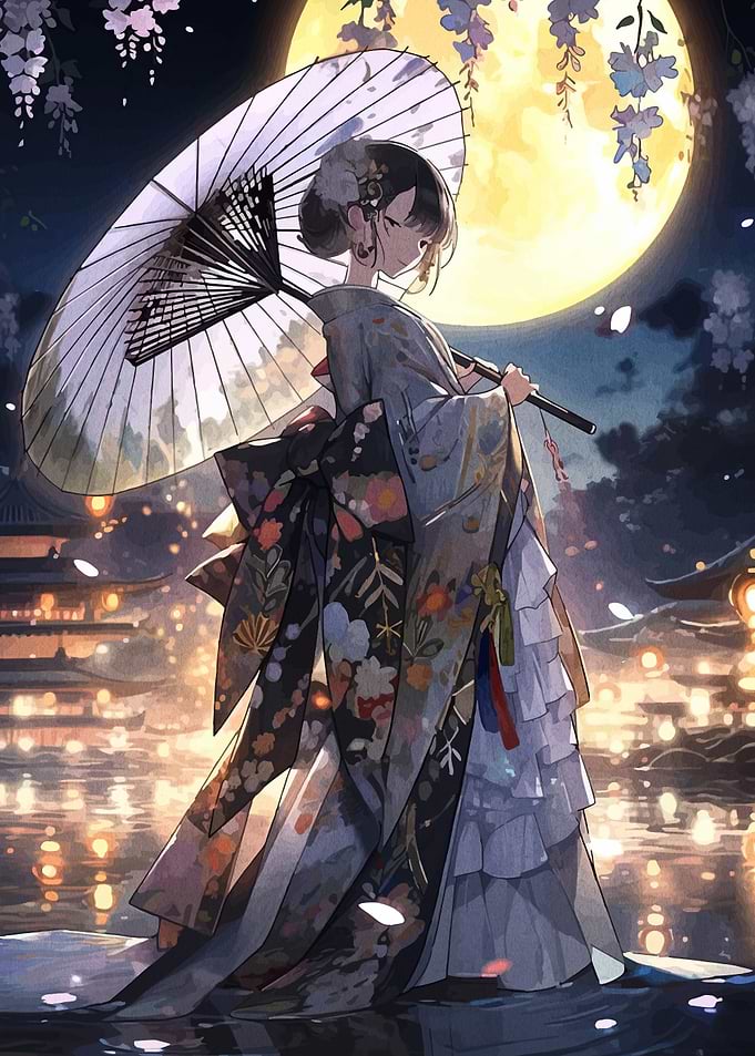 Kimono Girl with Umbrella under Moonlight
