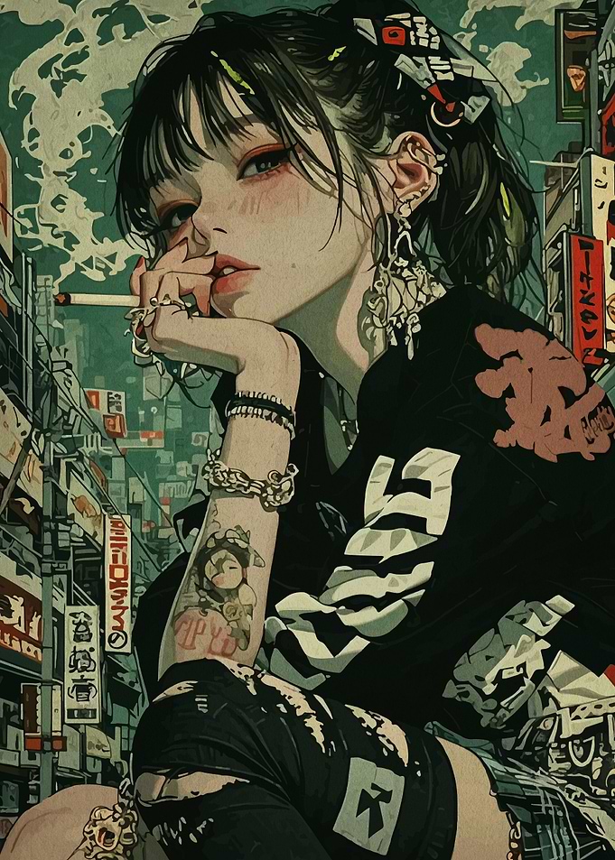 Anime Girl Smoking in Cityscape