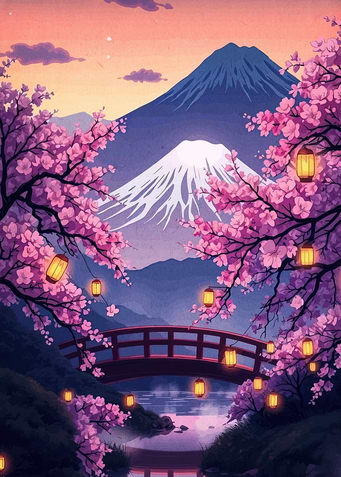 Mount Fuji Cherry Blossoms and Bridge