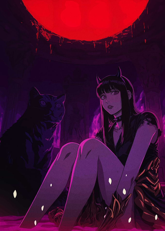 Anime Girl with Cat and Red Moon