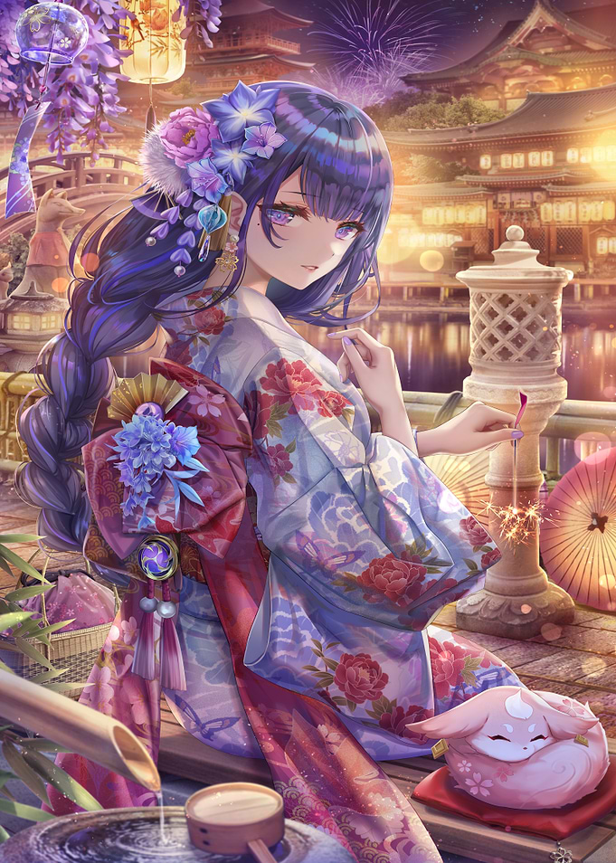 Girl in Kimono with Fireworks
