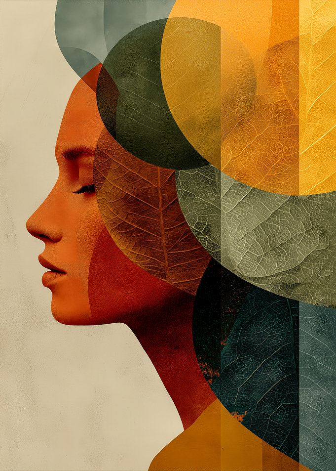 Serene Botanical Profile — Geometric Leaves Portrait for Home Decor