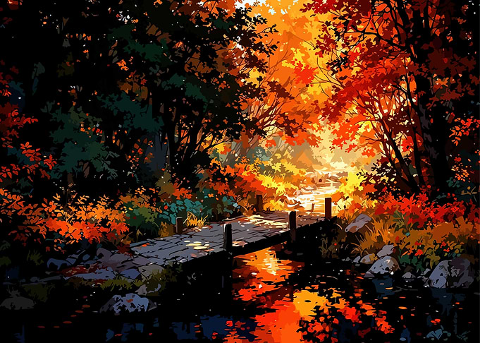Autumn Forest Bridge over Stream