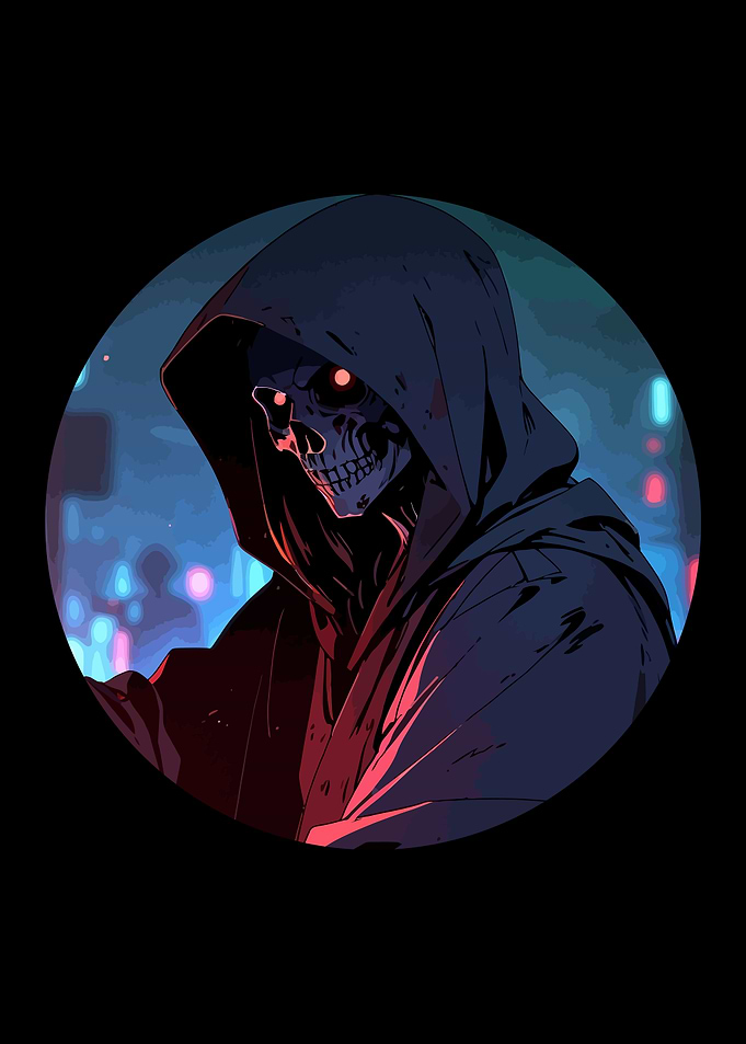 Hooded Skull in Cyberpunk Cityscape