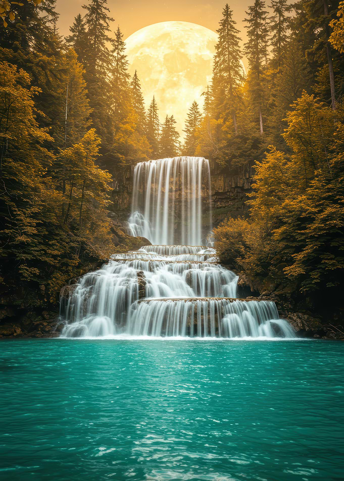 Waterfall and Moonlit Forest Landscape