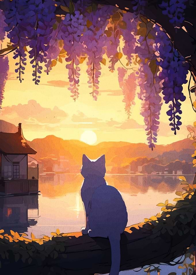 Cat Watching Sunset Under Wisteria