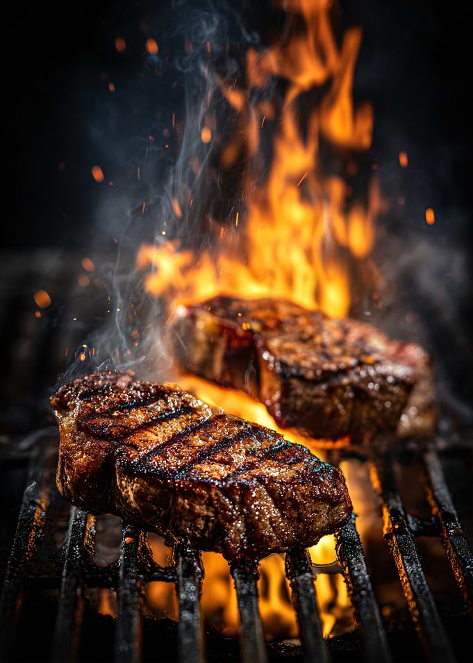 Grilled Steaks with Flames and Smoke
