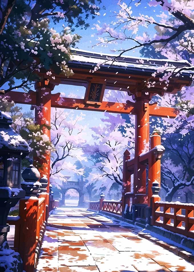 Winter Cherry Blossoms at Japanese Shrine