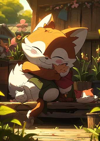 Fox Family Hugging Cartoon Illustration