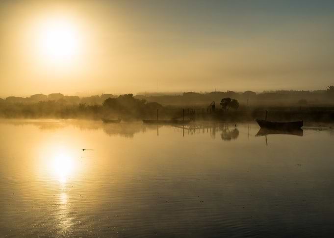 Misty Lake Sunrise with Boats