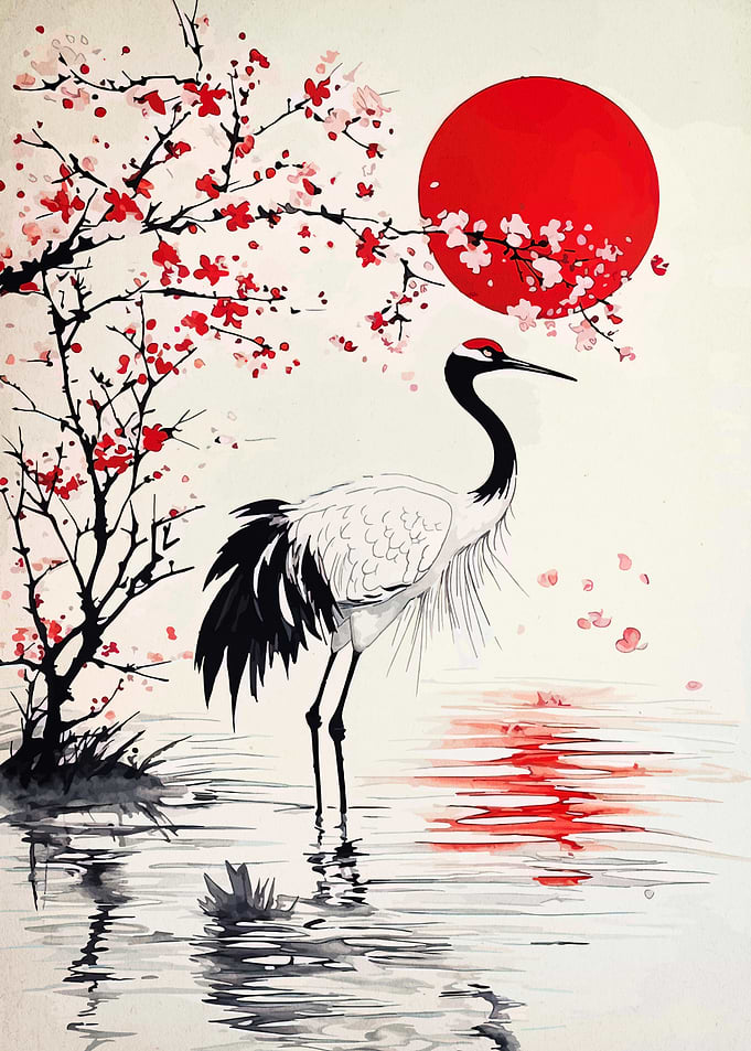 Crane, Cherry Blossoms, and Rising Sun