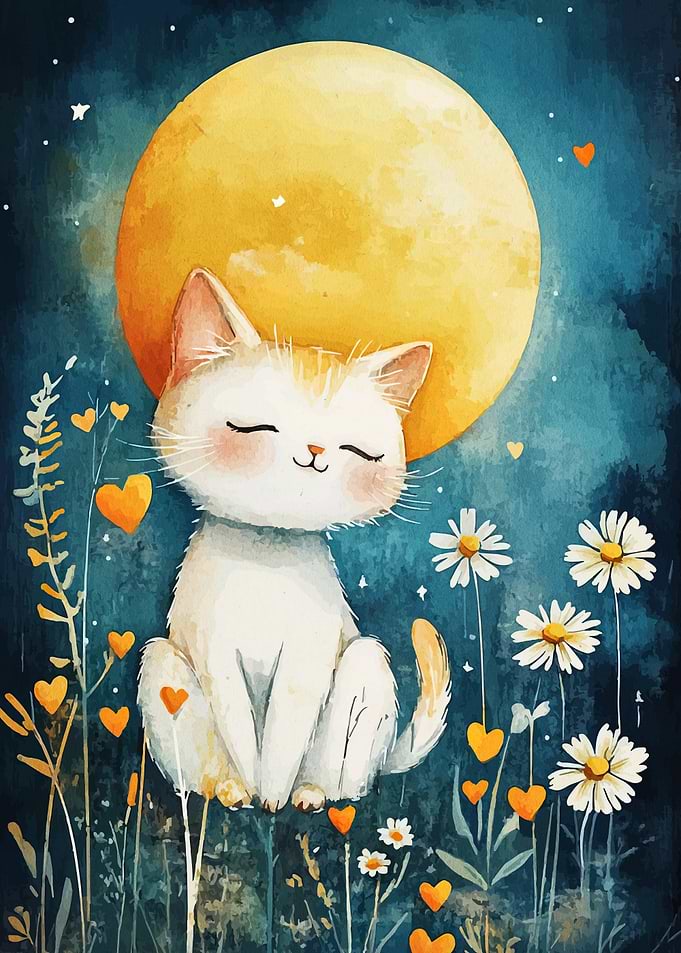 Cute Cat Under Moon Watercolor Painting