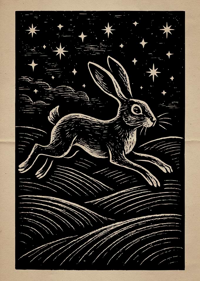 Hare Running Under Starry Night Sky