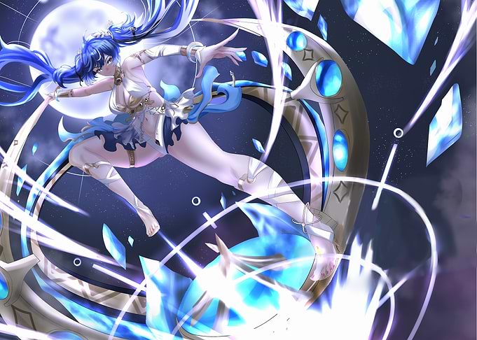 Anime Girl with Blue Hair and Moon