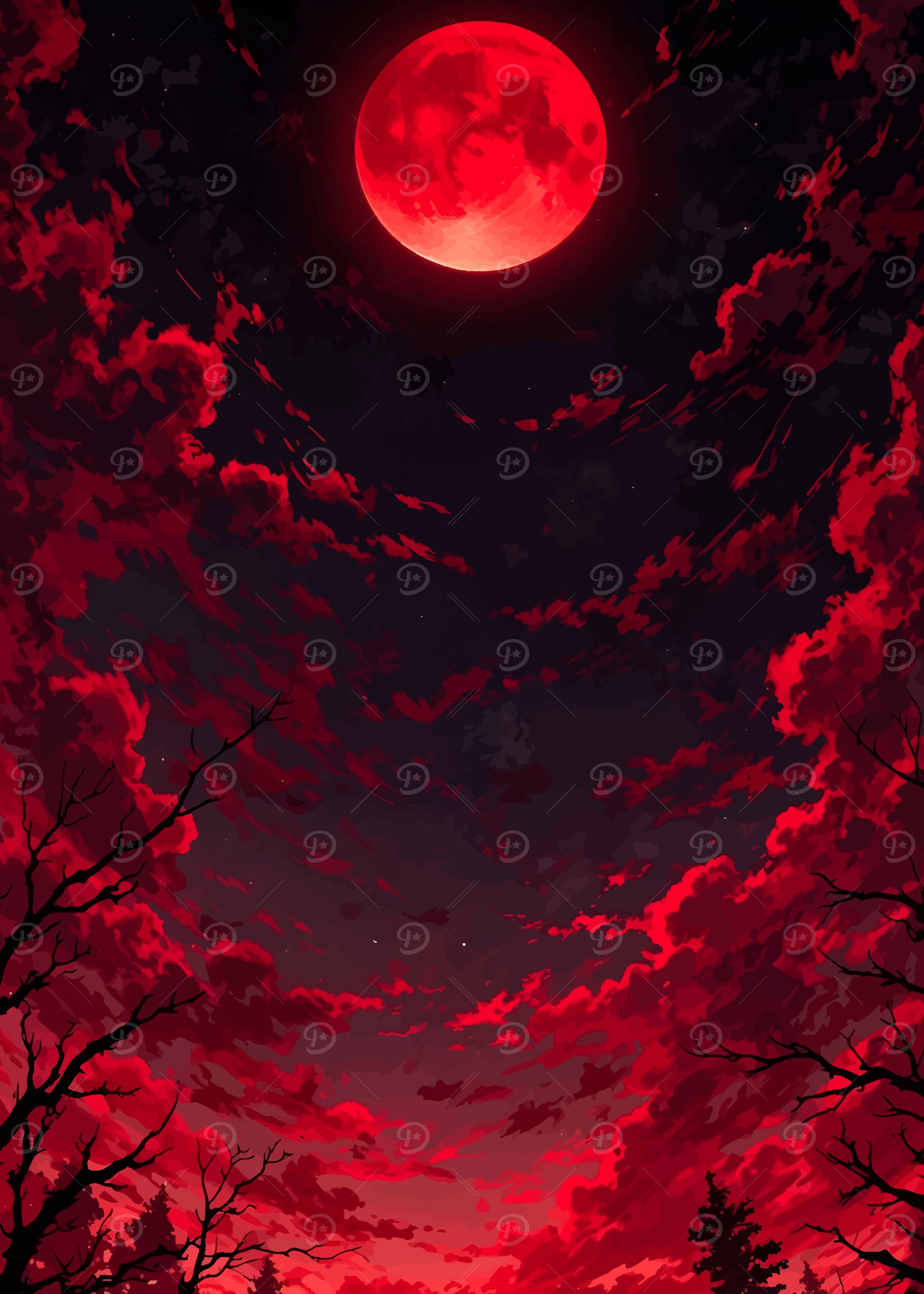 Red Moon Night Sky Landscape