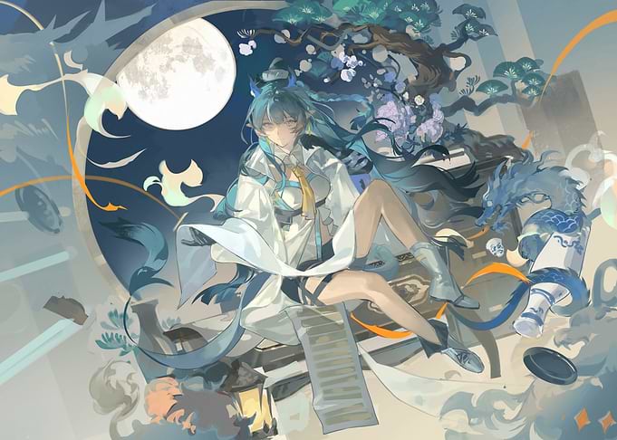 Anime Girl with Dragon and Moon