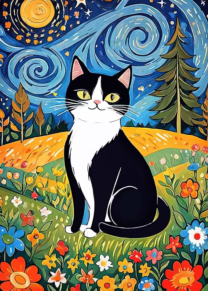 Cat in a Starry Night Landscape