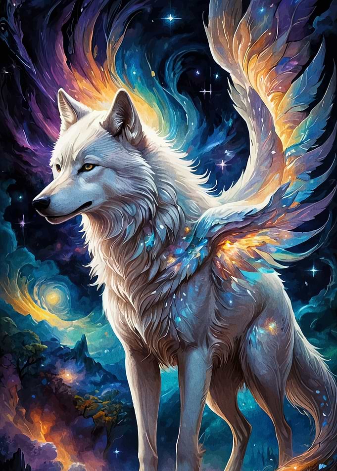 Winged Wolf in a Starry Landscape