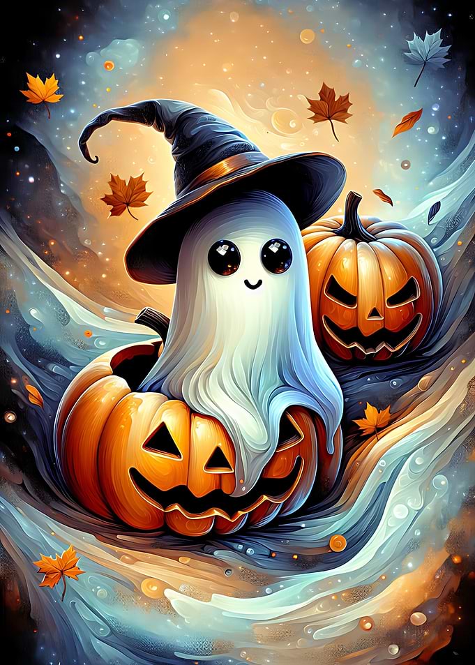 Cute Halloween Ghost with Pumpkins
