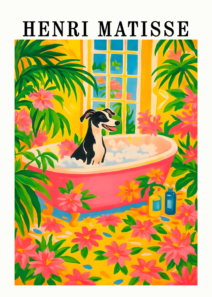 Henri Matisse style dog in bathtub