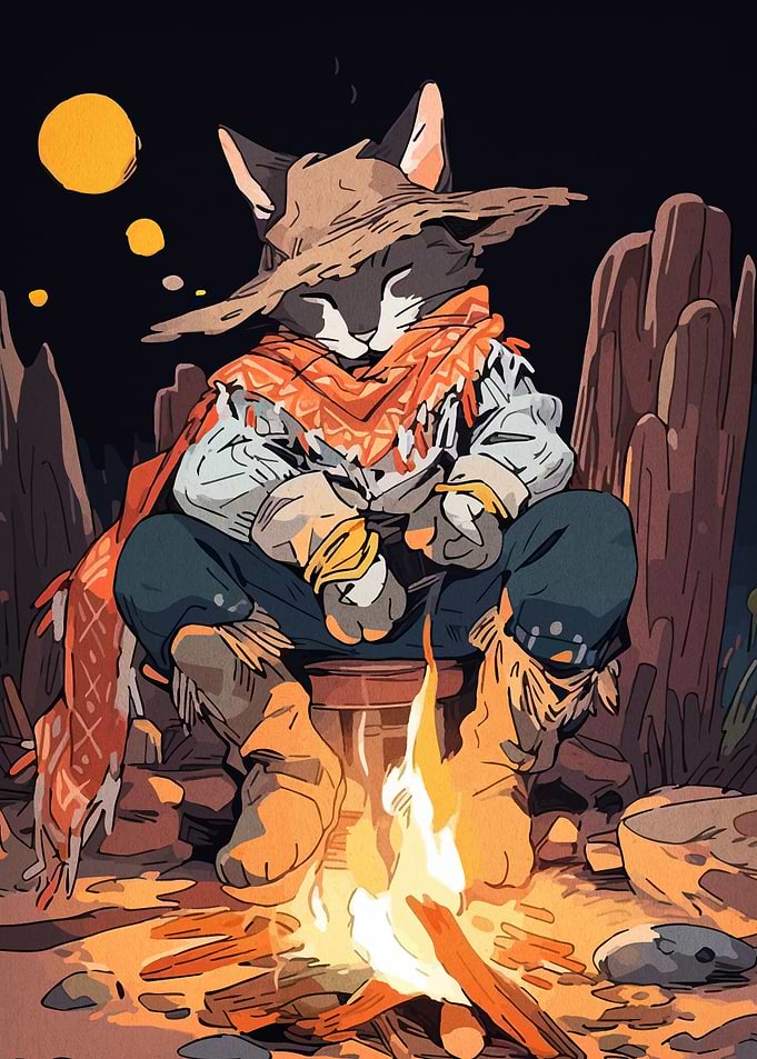 Cowboy Cat by Campfire