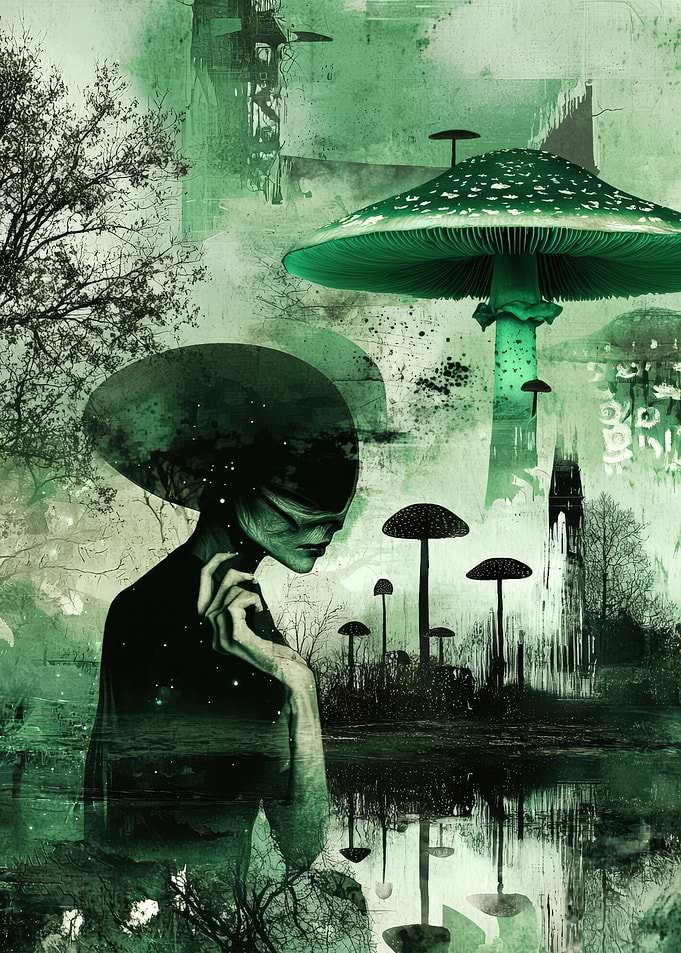 Alien and Mushroom Forest Green Art