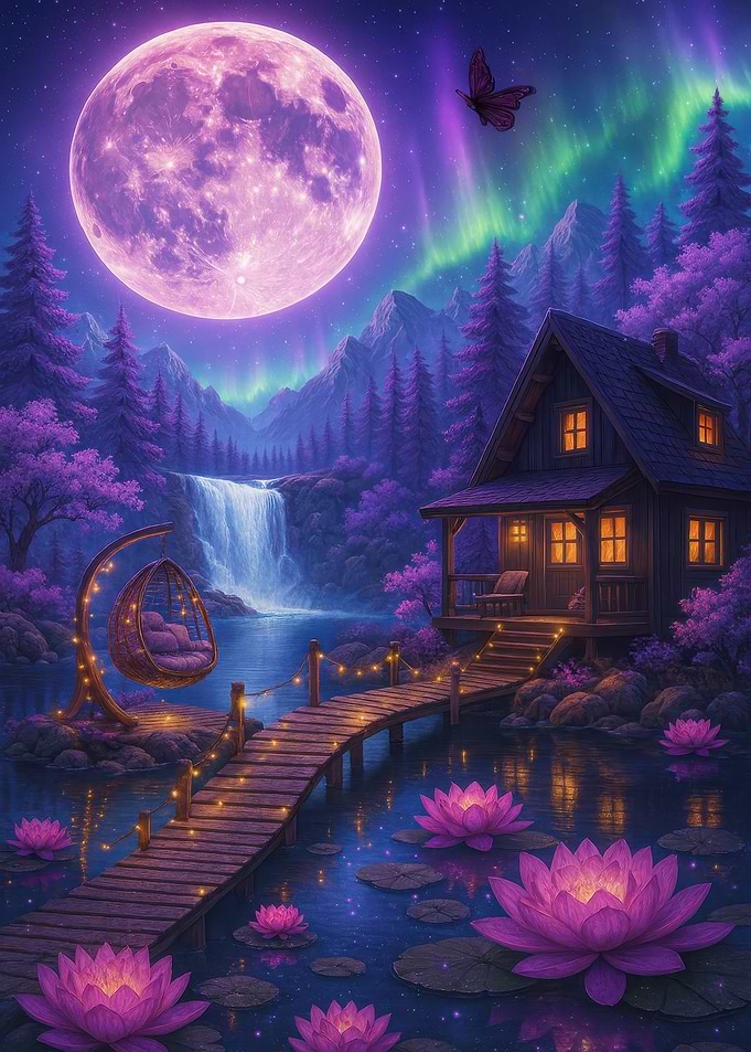 Purple Moonlit Cabin Landscape