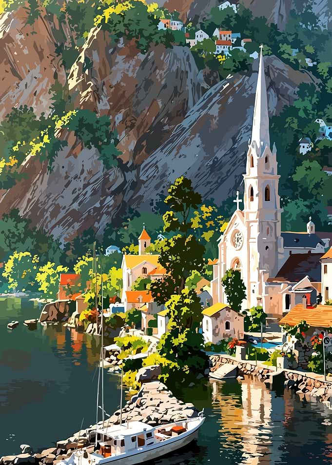 Coastal Village with Church and Boat