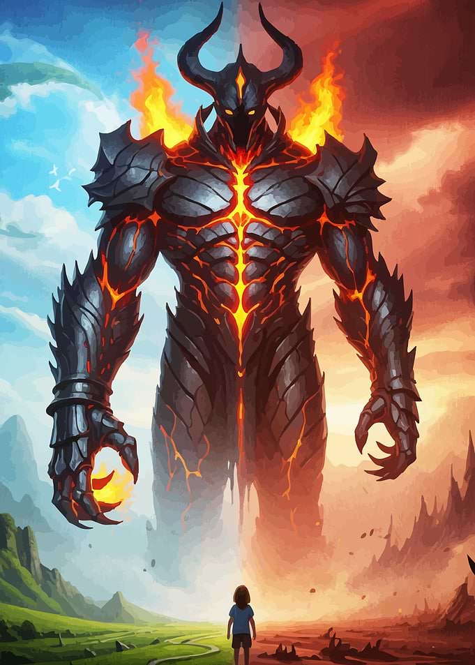 Fiery Giant Confronts Child
