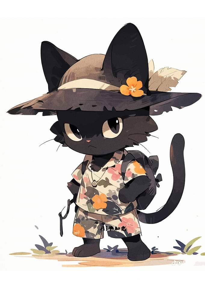 Black Cat Tourist with Floral Shirt