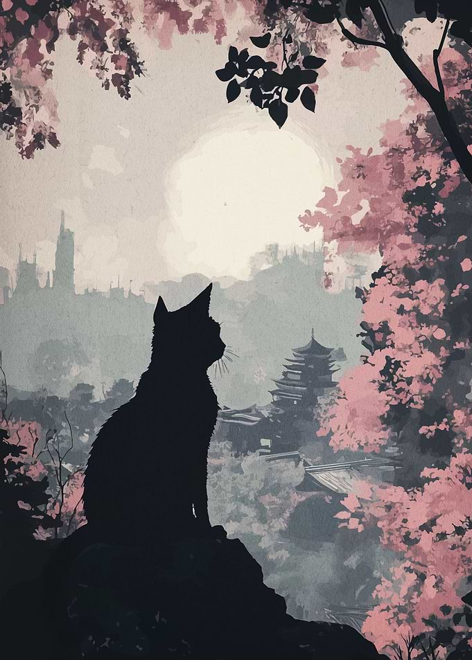 Black Cat Silhouette in Japanese Landscape