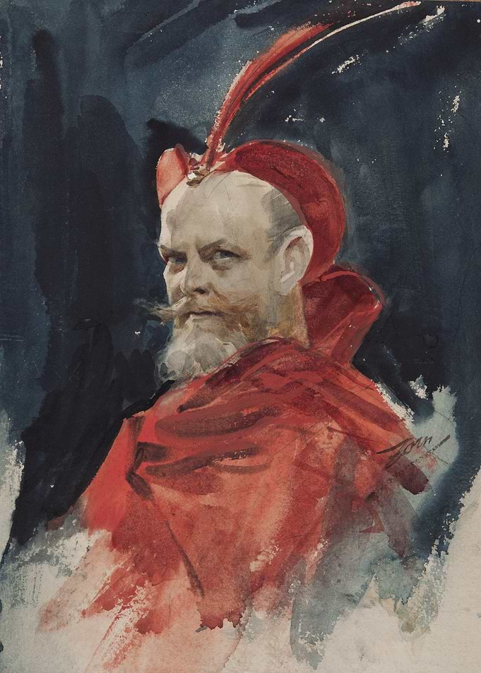 Watercolor Portrait of a Man in Red