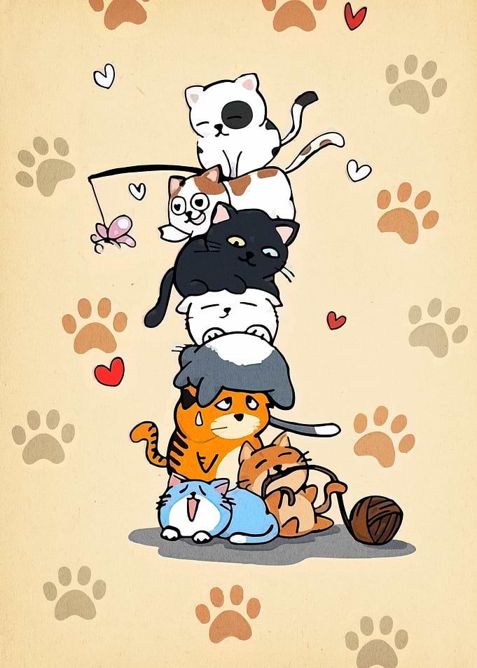 Stack of Cute Cartoon Cats