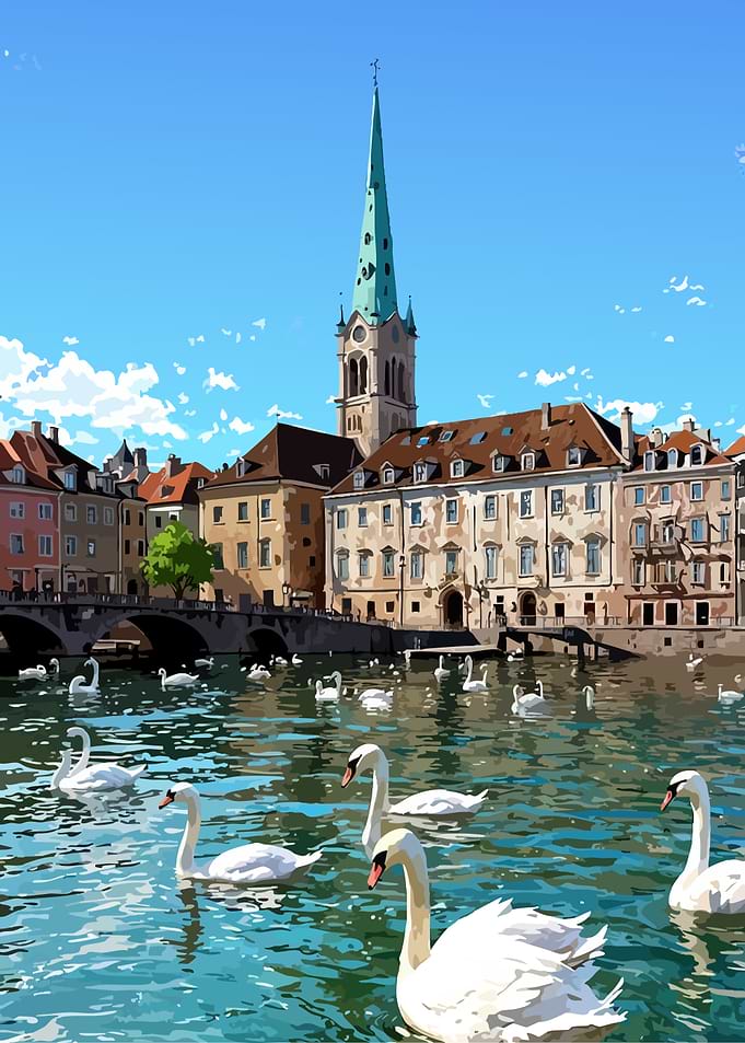 Zurich cityscape with swans on Limmat river