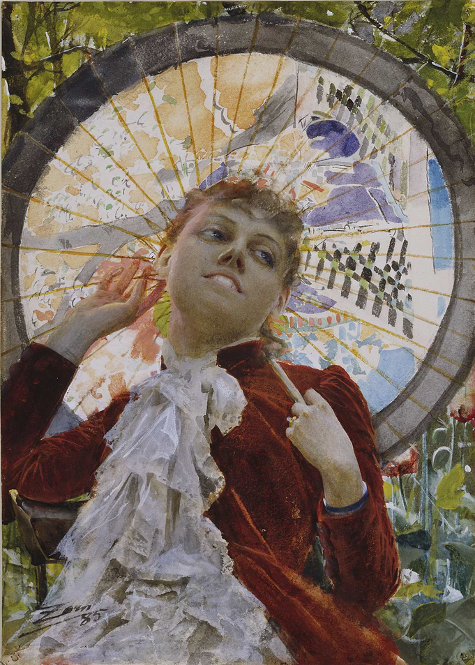 Woman with Parasol Watercolor Painting