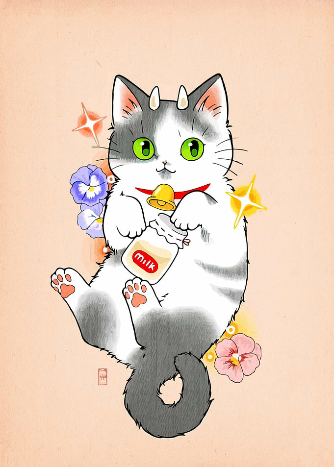 Cute Cat with Milk Bottle Illustration