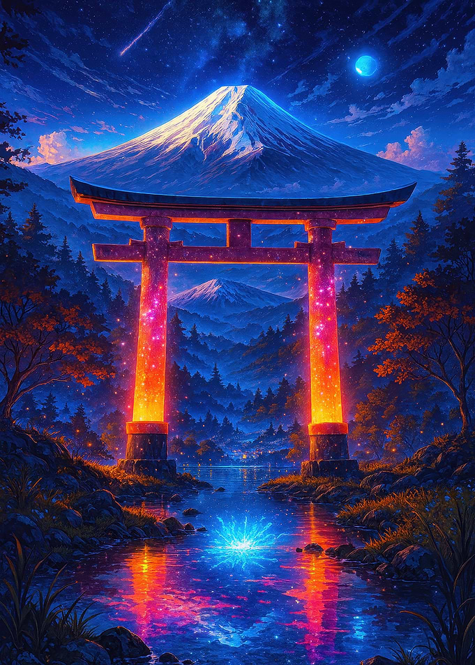 Mount Fuji and Torii Gate at Night
