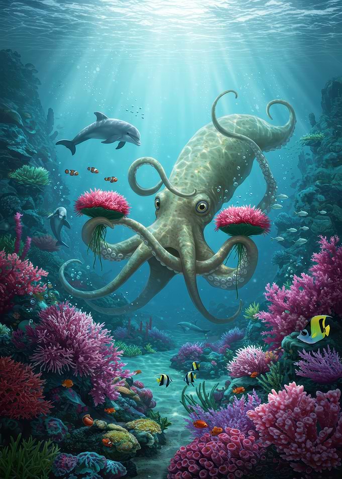 Underwater Octopus with Coral and Dolphins