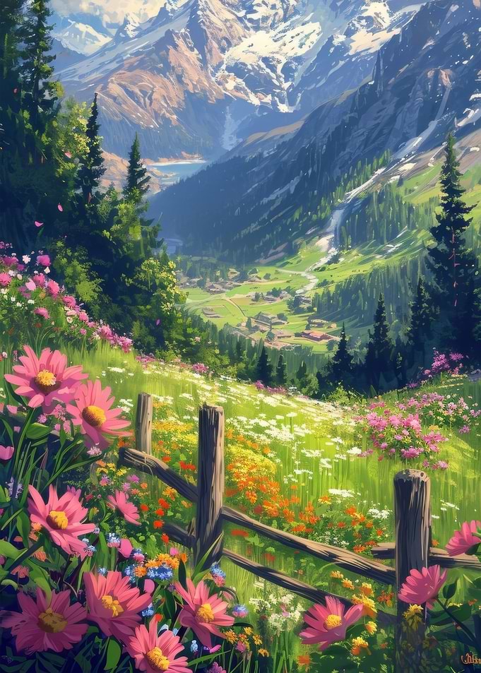 Mountain Valley with Flowers and Fence
