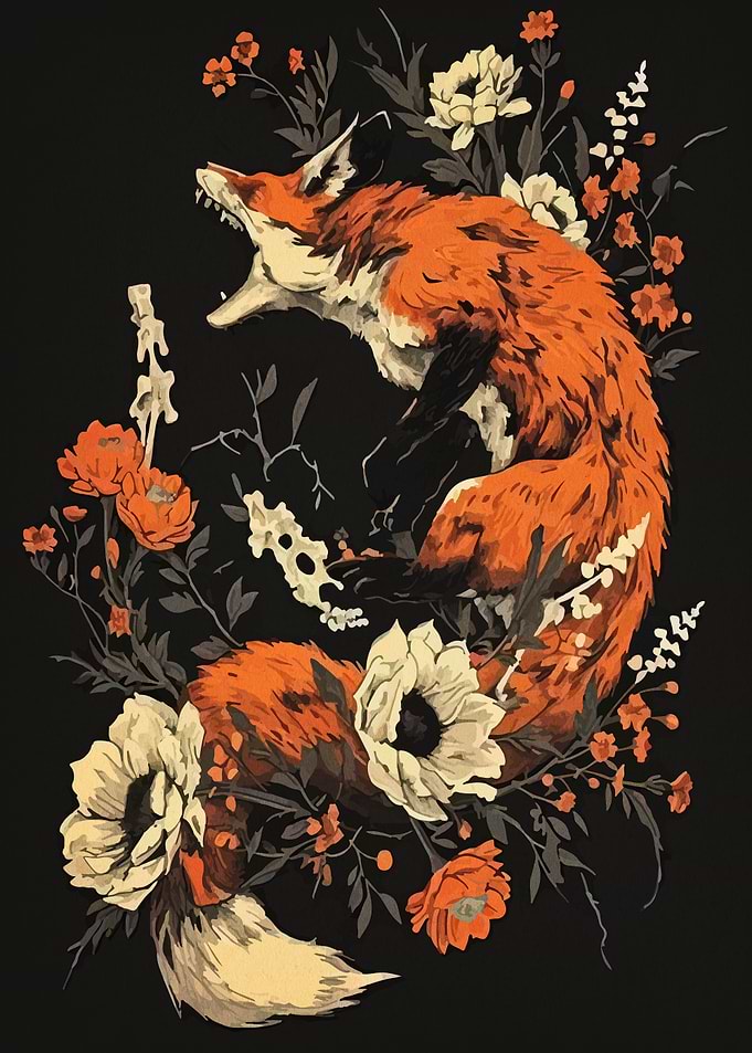 Fox and Floral Arrangement on Black