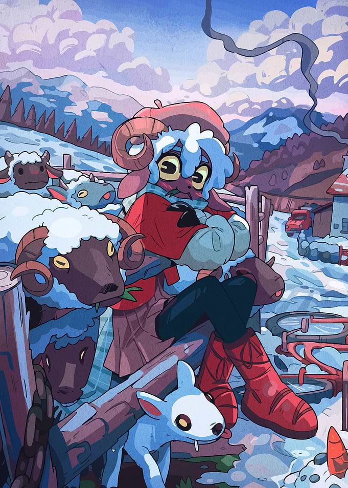 Cartoon Sheep Character in Snowy Landscape