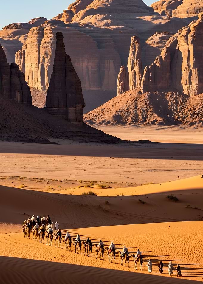 Camel caravan in a desert landscape