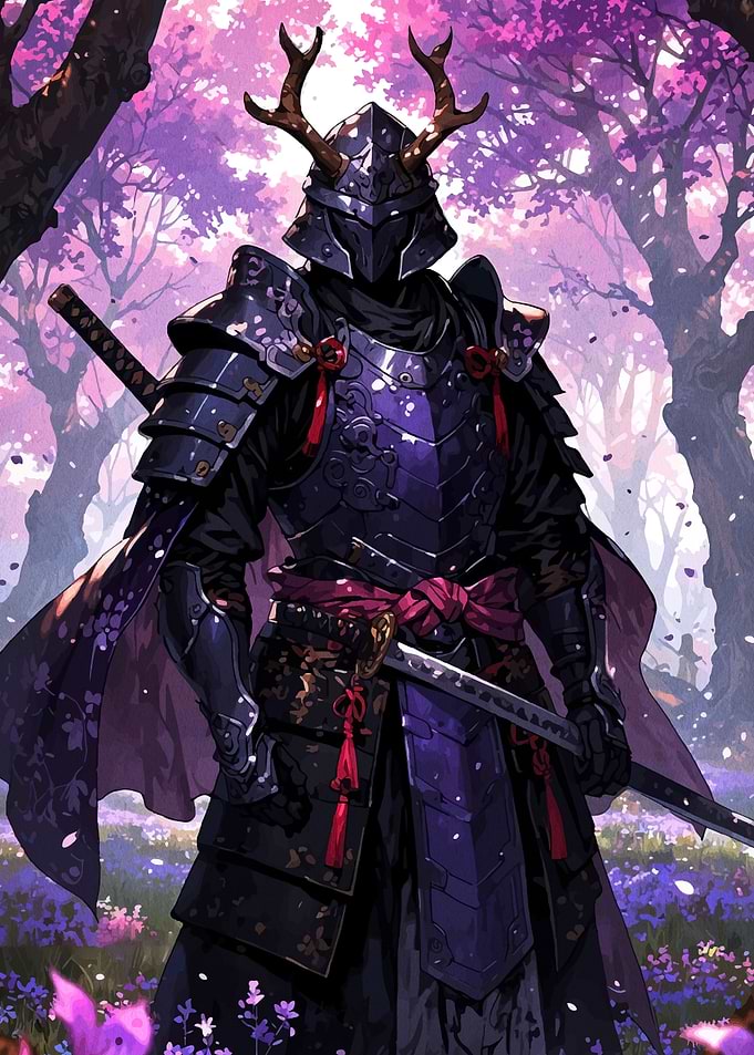 Samurai in Cherry Blossom Forest