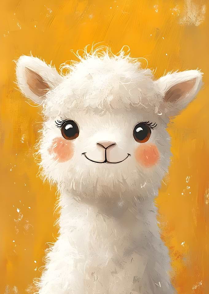 Cute White Llama Portrait on Yellow