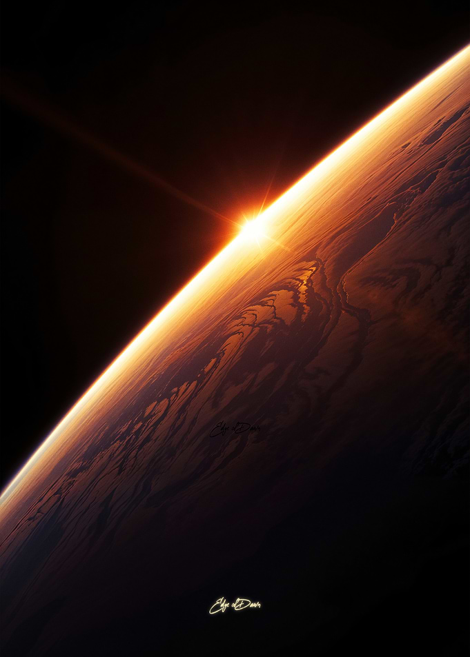 Sunrise over a planet in space