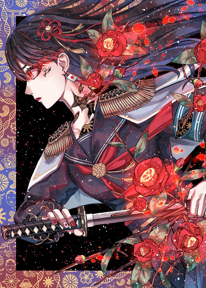 Anime Girl with Katana and Camellias