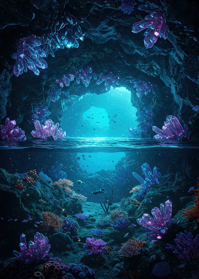Underwater Cave with Crystals and Coral